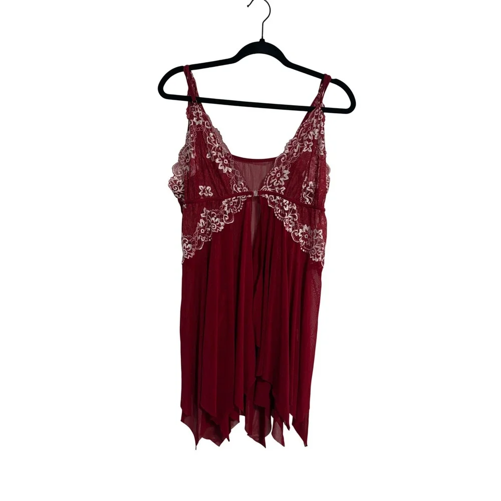 Babydoll Lingerie‎ Chemise Romantic Burgundy Lace Front Clasp Sheer Mesh